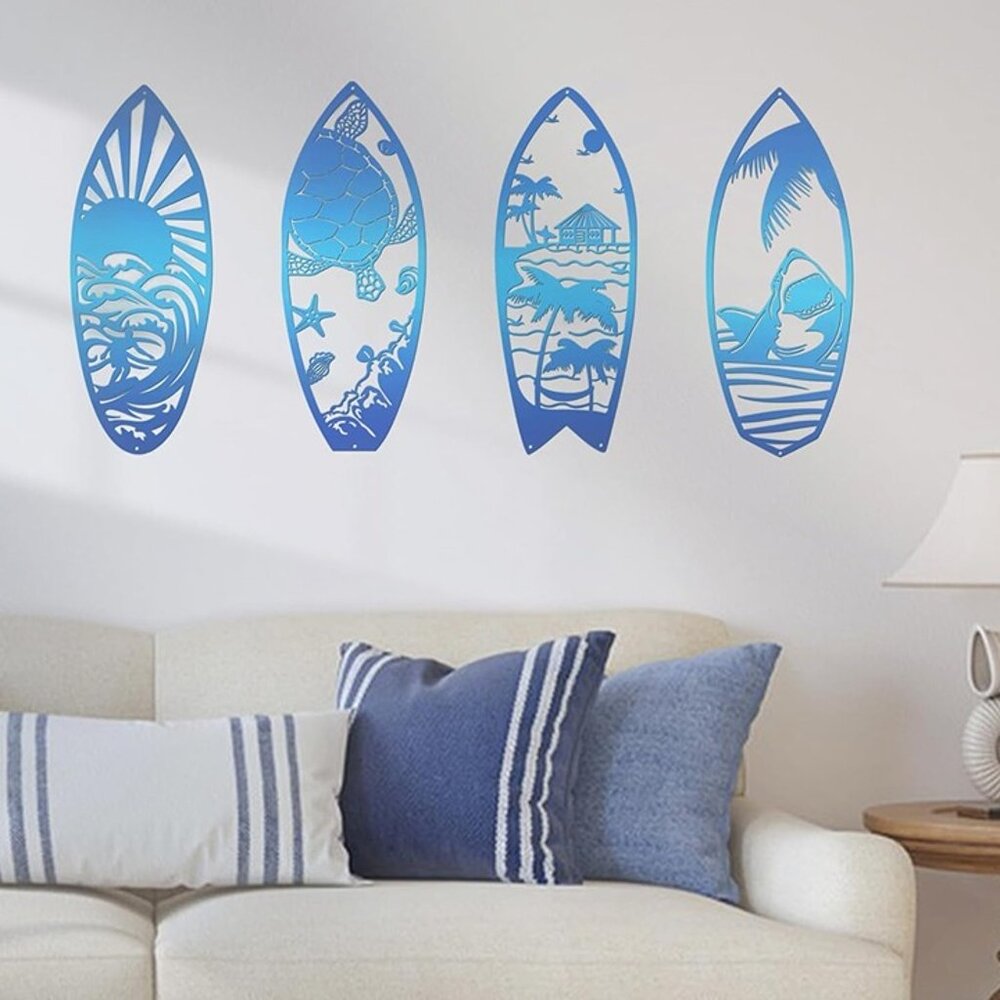 NEW 4Pcs Metal Surf Board Wall Decor Summer Surfboard Beach Signs. - Picture 1 of 9